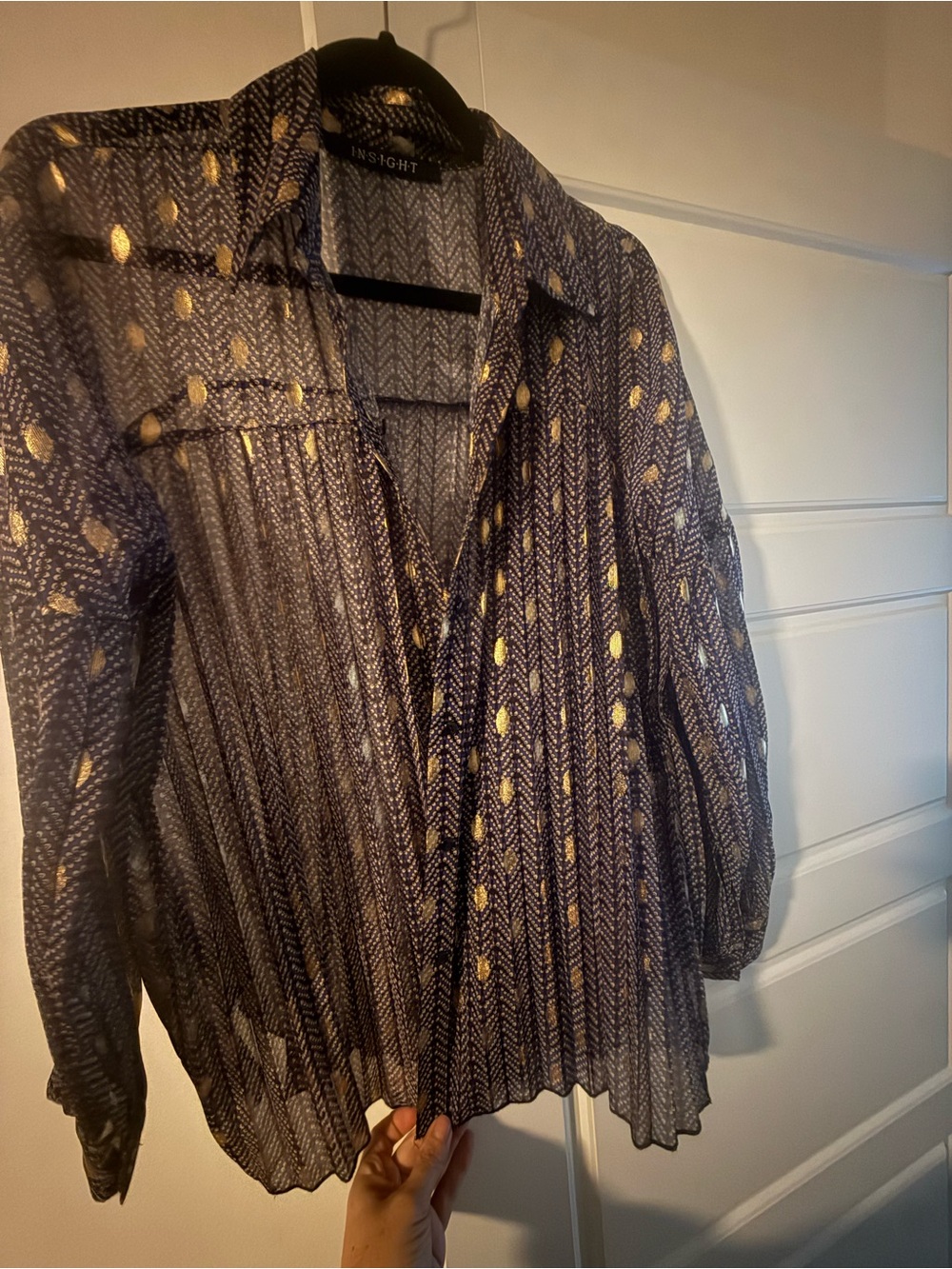 Women's purple and gold sheer button-down shirt